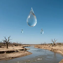 beautiful panorama of many magnificent big raindrops flying upwards into the perfect cloudless blue sky above a dried up river surrounded by desolate land and dead trees, blue sky, hot and sunny highly-detailed, elegant, dramatic lighting, artstation, 4k, cinematic landscape, masterpiece photograph by Elisabeth Gadd