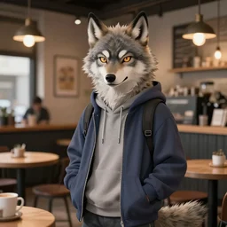 anthropomorphic wolf female fursona wearing casual stylish clothes hoodie at a hipster coffee shop, highly detailed, artgerm style, artstation, soft light, sharp focus, illustration, character design