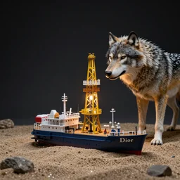 diorama model of a offshore oil in a of sand by kris kuksi, over the head of a sea wolf, award winning photography, octane render, dramatic ilumination