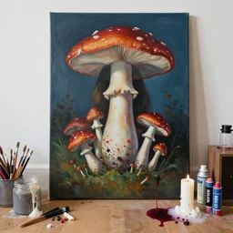 “ a portrait in a female art student ’ s apartment, mushrooms, sensual, art supplies, a candle dripping white wax, berry juice drips, acrylic and spray paint and oilstick on canvas, surrealism, neoexpressionism ”