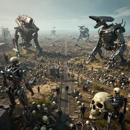 cyberpunk wasteland vast area with thousands skulls of humans and robots and broken war machine mechs, trending on artstation hq, deviantart, unreal engine 5, 4 k uhd image, full 3 d, hyperrealistic dmt style, only high contrast colour of black and white, in style of alex grey