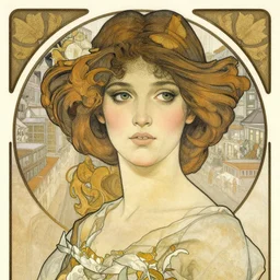 woman in a city, high detail, curious eyes, blended shading, in the style of alphonse mucha and andree wallin and artgerm, artstation, half body portrait