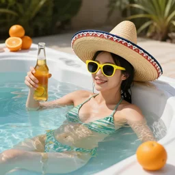 lemon wearing sunglasses, an oranges holding a beer and avocado wearing a sombrero relax i. a hot tub, photorealistic - h 6 4 0