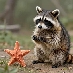 one raccoon holding up and looking at a starfish, maurice sendak