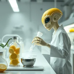 lemon alien, in a lab doing alien experiments on a natural lemon, fantasy, science fiction, highly detailed, white lab, modern alien lab mist