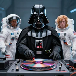 the most amazing dream of disc jockey, darth vader science fiction astronauts, syd mead, dan mumford, moebius, hd, vibrant color, high contrast, digital illustration, marvel comicbook cover