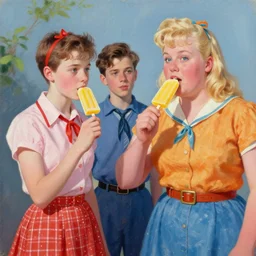 a painting of two thin teens and one fat blonde teen dressed in 1 9 5 0's attire and eating yellow popsicles 8 k
