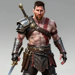 A still of Lionel Messi as Kratos on God of War 4, highly detailed, extreme Gundam, wolf armor mech, illustration, trending on artstation