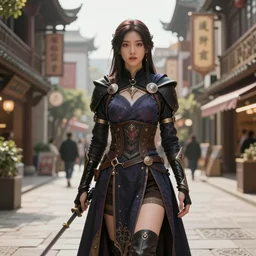 posing for art photography, procedurally generated, epic mage girl character, costume design from shopping mall, ancient city streets behind her, substance designer, PBR, HD, Ultra detailed, hyperrealistic, megascans, volumetric light, concept by master artist, made in paint tool SAI2, good looking face, natural light, outstading piece, solid design, astonishing details, EF-M 11-22mm f/4-5.6 IS STM