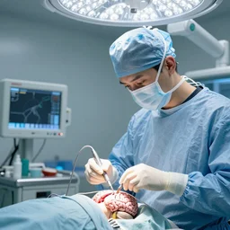 futuristic surgeon robot doing an open brain operation