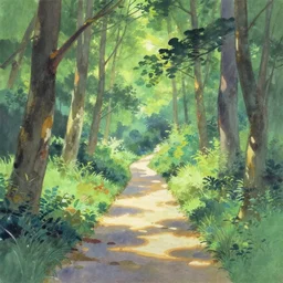 forest walkway on a sunny day, traditional gouache painting by chinese artist for animation studio