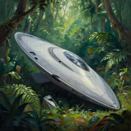 a beautiful painting of a crashed battlestar galactica a lush jungle, ray traced lighting by kalin popov and greg rutkowski