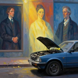 lonely man working on his broken car in the street, painted by, mc escher, gordon onslow ford, georgia o'keeffe and ivan aivazovsky, cinematic light, god rays, colourful, unreal engine.