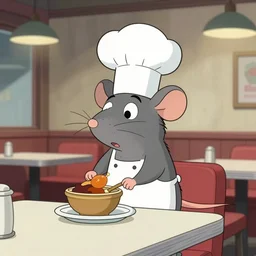 A rat working as a chef in a run down New York City diner, Animated Still