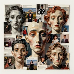 a chaotic collage made out of fragments of printed images taken from the internet, fashion magazines, and family photographs all coming together to form hybrid faces with twisted features in the Dadaesque style, mixed media