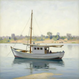 a fishing boat on the nile river, bright hazy day, pastel painting by mikalojus konstantinas ciurlionis and edward lear