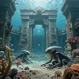 ultra realistic, cyperpunk, alien, water, amphibian, alien world, submerged, aquatic, aztec architecture, advanced, coral, sand, alien plants, temple, portal, star gate, alien flora and fana