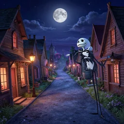 curved perspective digital art of a summer night small town street from nightmare before christmas by anton fadeev