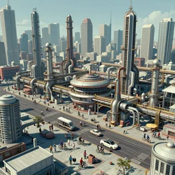 immaculate wide shot ambient occlusion of an retrofuturistic industrial complex, cycles render, turbosquid, wide, isometric metropolis filmic, vaporwave, edward hopper, gotham, vanishing point, leading lines, wizard of oz, refinery flames