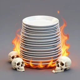 Stack of dishes, on fire, skulls, digital art