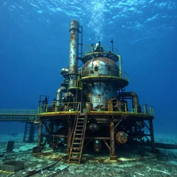 an underwater industrial factory covered in rust