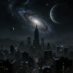 a dark cosmic city, gloomy, dark, stars, galaxies, planets, nebulas, epic cosmic atmosphere, cosmos, epic art, digital art, trending on artstation, deviantart, ultra realistic, high detail, high definiton, high quality, hyper realistic, 4 k uhd