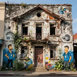 A beautiful street art of an old, abandoned house.  by Ravi Zupa, by Matt Groening, by Brian K. Vaughan unified