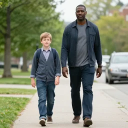 a tall black man and a short white man walk together