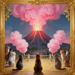 painting of cat villagers witnessing a volcano erupting pink!! cotton!!! candy!!!, by justin cheung, by greg hildebrandt, charlie bowater, golden ratio, symmetric, elegant, ornate, luxury, elite, matte painting, cinematic, trending on artstation, deviantart, 8 k, high resolution, by eddie mendoza, by peter mohrbacher