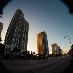 miami beach background by simon stalenhag, sunset, golden hour, clear sky, sharp focus, dark lighting, digital art, fish eye