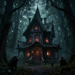the scariest witches house in the scariest dark forest, scary animals from ancient legends lurking in the forest, epic scene, dark, scary, horror, frightening, fantasy, cinematic, redshift render, cgi, hyper - detailed, photo - bash, 8 k post - production, masterpiece