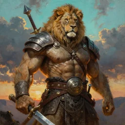 muscular oversized lion as barbarian hunter  with chest armor and shiny weapon , full human oversized mutant proportions hairy body , backlight  body , extreme very textured detailed panoramic portrait oil painting by rembrandt, sunset, dramatic clouds and cyan atmosphere