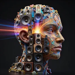 highly detailed surreal vfx portrait of a 3 d human head made of stacks of recursive speakers forming a landscape of polyphonic ecstacy, vibrant vibrations, pulse projections, sonic power, ornate, hyperrealistic, octane render, chiaroscuro, inspired by james jean, android jones, beeple, rhads, alphonse mucha, frostbite 3 engine