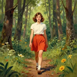 centre portrait of a girl walking through forest!! symmetry, retro 8 0 s style, colourful, accurate, realistic illustration, art by peter elson