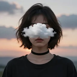 a portrait photo of a girl whose face is hidden by a cloud, with short dark wavy hair, wearing a black choker and a black t - shirt, her face is hidden by clouds, sunset cloudy landscape in the background, professional photography 5 0 mm f 1