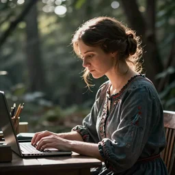 a woman is typing. she is dreaming. it is late morning. folk horror