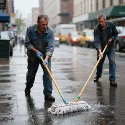 closeup portrait of a cleaner with a mop fighting apuddles in rainy new york street, by Steve McCurry and David Lazar, natural light, detailed face, CANON Eos C300, ƒ1.8, 35mm, 8K, medium-format print