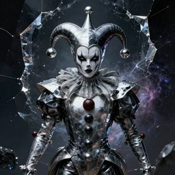 impressive entrancing ominous front!! shot photo of a court jester character fine portrait fine portrait mesmerizing!! hyper cubes platinum cracked dark future dimensional space galactic crystal nebula edges elegant detailed intricate concept artstation sharp focus ray tracing cinematic masterpiece temporal corruption beeple wlop germ 8 4 k scifi glossy realistic illustration canon eos r 3 fujifilm x - t 3 0 sony alpha