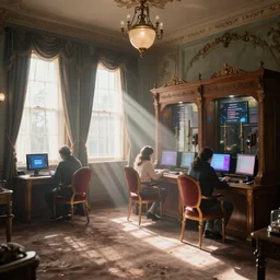 a victorian internet cafe, volumetric light, morning light, cinematic photo, epic scene