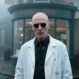 a cinematic headshot portrait of an evil scientist, stood outside a corner shop, foggy, colour, detailed, deep focus, movie still, dramatic lighting, by fay godwin