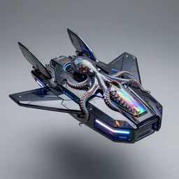 photo of a dark glass and plastic, iridescent octopus skin, futuristic box - shaped flying vehicle with aerodynamic fins and canards, venturi tunnels, neon lights