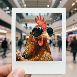 super awesome head to shoulder portrait polaroid film photograph of a chicken in a mall wearing aviator shades. super resolution. surreal. extremely detailed. polaroid 6 0 0 film. by annie leibovitz and richard avedon