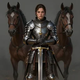 Ellie from the Last of Us as a medieval knight, wearing a suit of armour, holding a great sword, posing in front of her horse, digital portrait by Greg Rutkowski, intricate, sharp focus, cinematic, epic, artstation