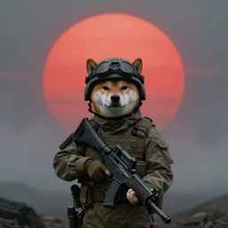 postapocalyptic foggy moody cinematic stil portrait of anthropomorphic anthro shiba inu wearing soldier helmet gear and minigun, giant red sun behind , 4k  trending on artstation by rutkowski