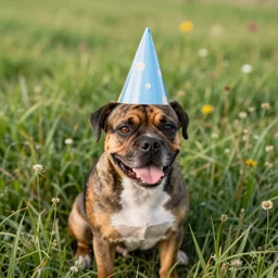 A photo of cogi in a field, wearing a party hat.