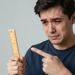 visibly sad crying man pointing at a ruler, high resolution photo