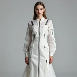 an octane render realistic portrait by nick knight of a russian girl detailed features wearing a cargo wedding dress - sporty, sleek, tech utility - chic trend. lots of zippers, pockets, synthetic materials, jumpsuits chic'techno fashion trend by issey miyake and balenciaga