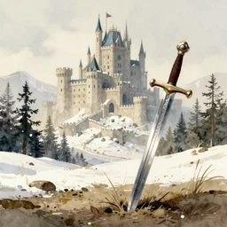 a sword stuck in the ground, there is a huge and intricate castle in the distance, fantasy, muted colors, snow, trees, watercolor