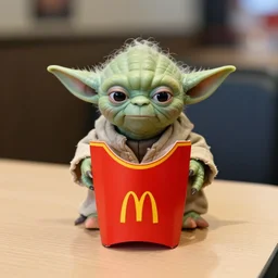 yoda, frowning, yoda sitting behind a table inside mcdonald's, small red cardboard box on table, yellow m logo on box, 3 5 mm, f / 2. 8