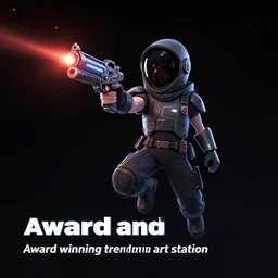 “ character holding laser gun, floating, with a black dark background, digital art, award winning, trending on art station ”